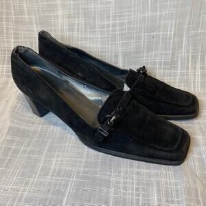 Stuart Weitzman Square Toe Pump Black Suede Buckle Strap Heel Womens Size 9 AA